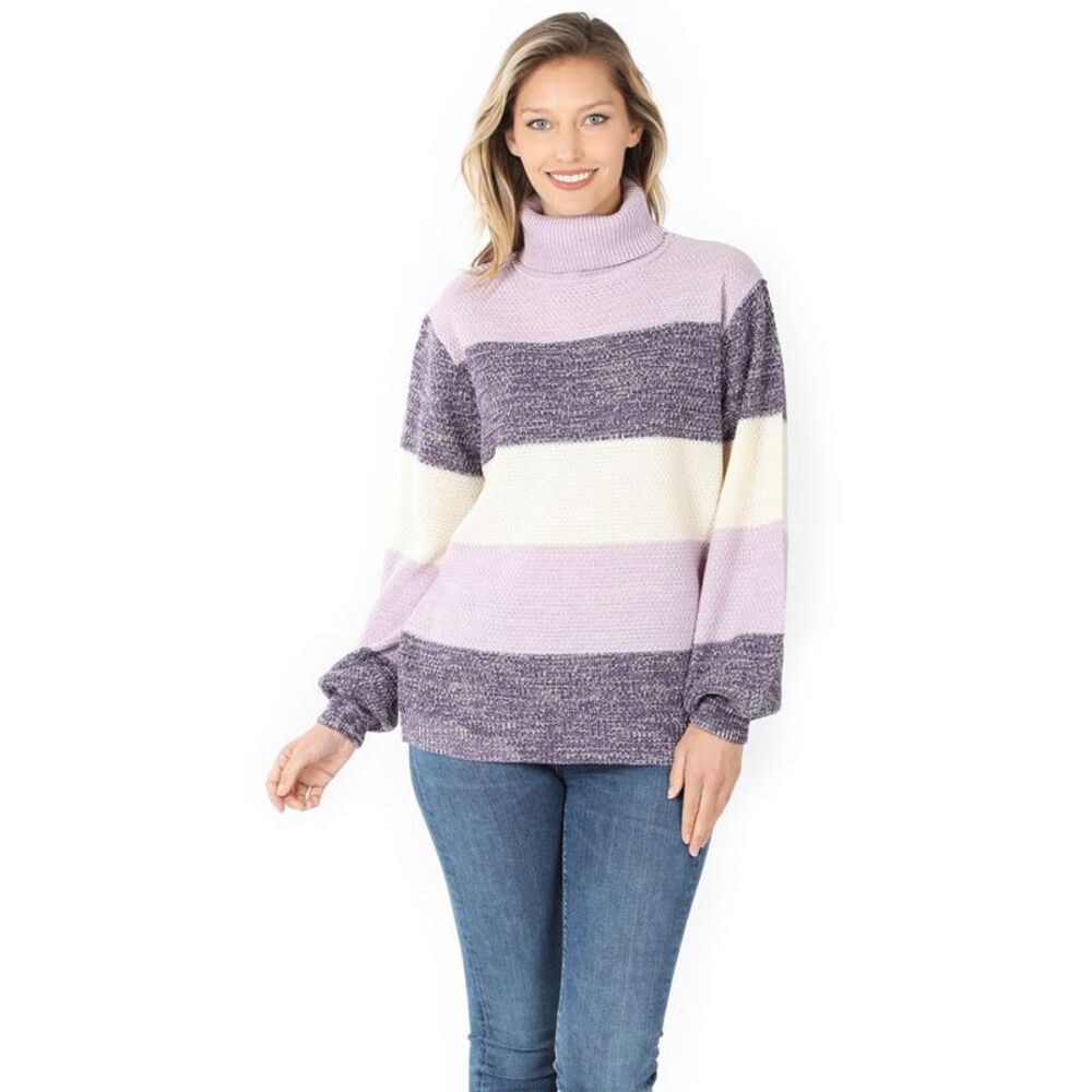 World of Leggings Color Block Striped Turtle Neck Balloon Sleeve Sweater